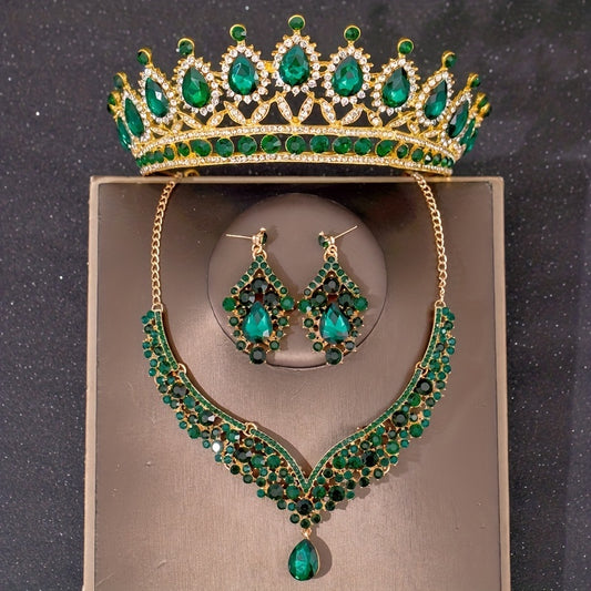 Green Crystal Bridal Jewelry Set Party Rhinestone Tiara Necklace Earrings