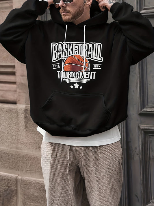 Basketball & Letter Print Hoodies For Men Graphic Sweatshirt Hooded Pullover