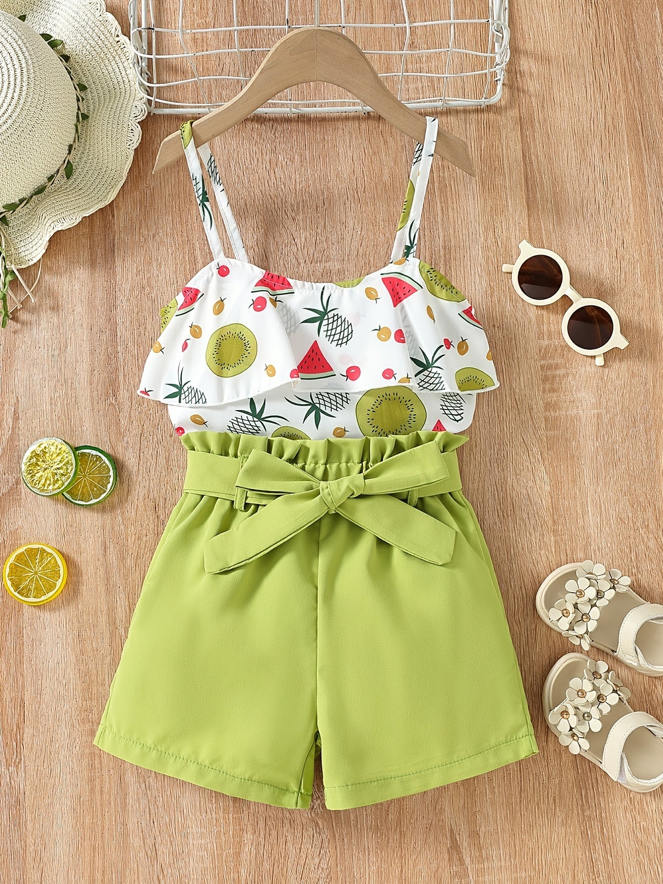 Girls Fruit Print Ruffle Cami Tops And Shorts Set