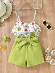 Girls Fruit Print Ruffle Cami Tops And Shorts Set