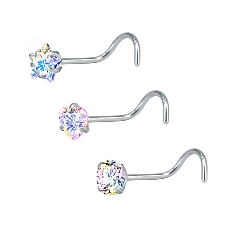 3 Pcs Heart Star Round Zircon Nose Rings Set Stainless Steel Cartilage Stud