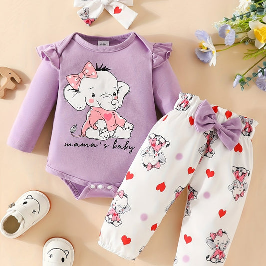 3pcs Baby Girl Elephant Long Sleeve Triangle Jumpsuit Bow Knot Trousers Set