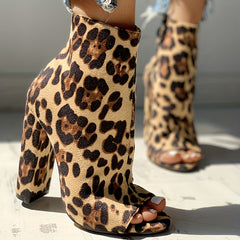 Leopard Print Peep Toe Ankle Boots Chunky Heel Zipper Comfy Shoes