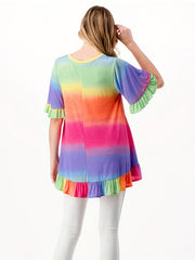  Colorblock Rainbow Print Ruffle Trim Short Sleeve Dress