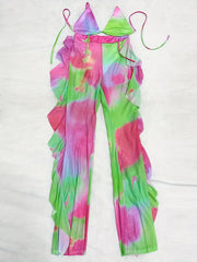 Tie Dye Sexy 2pc Spaghetti Top & Ruffle Pants Beach Set Women's