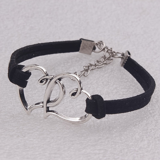 Vintage Double Love Heart PU Leather Rope Bracelet Adjustable Braided Bracelet