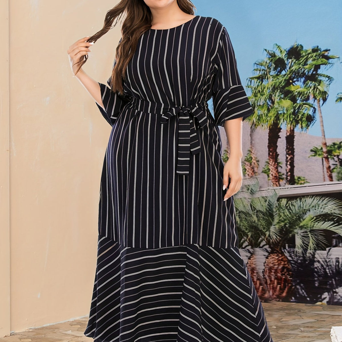  Stripe Print Bell Sleeve Maxi Smock Dress With Belt