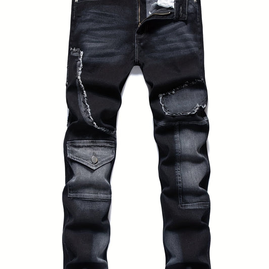 Men's Patchwork Biker Jeans Medium Stretch Denim Pants