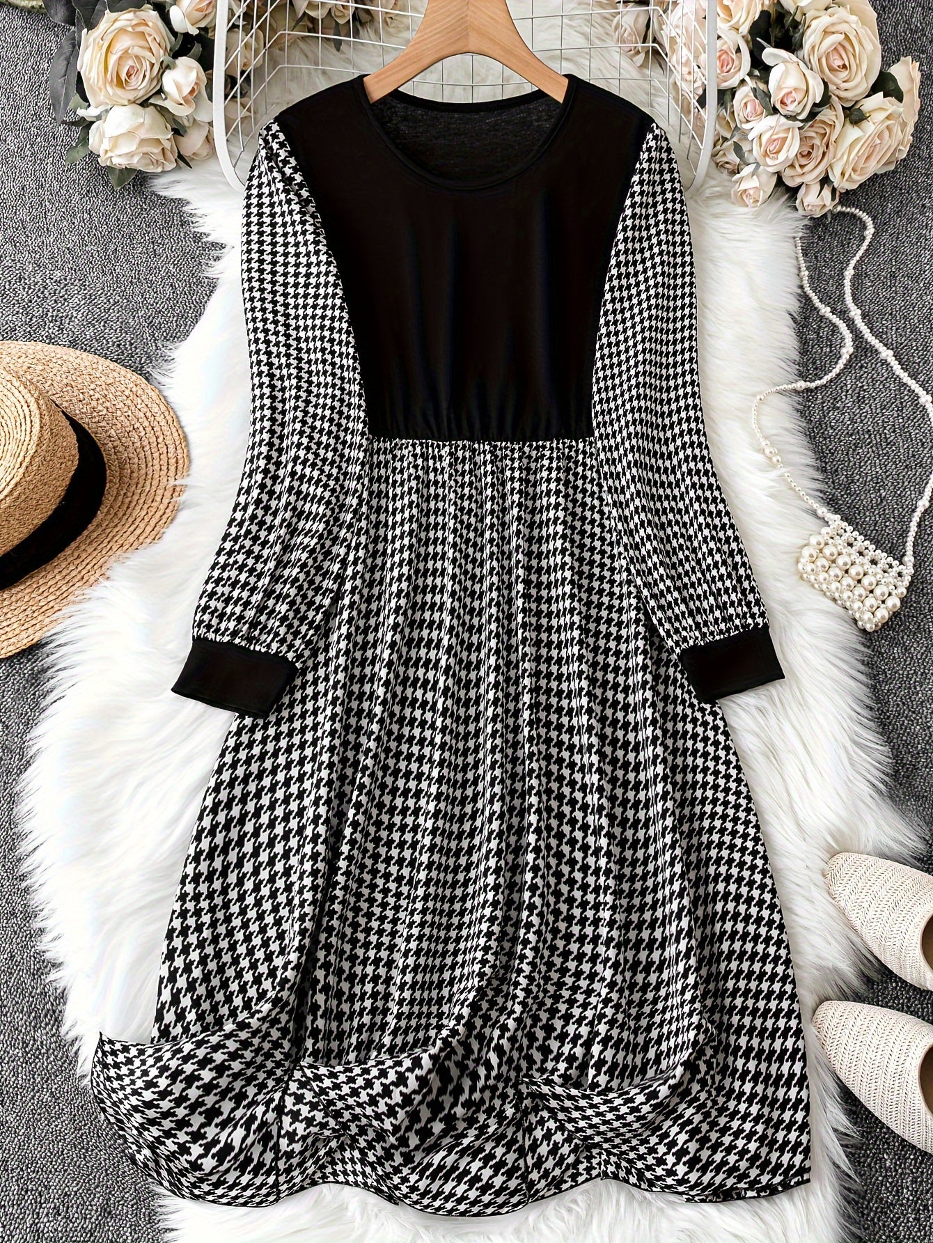  Colorblock Houndstooth Print Round Neck Dress