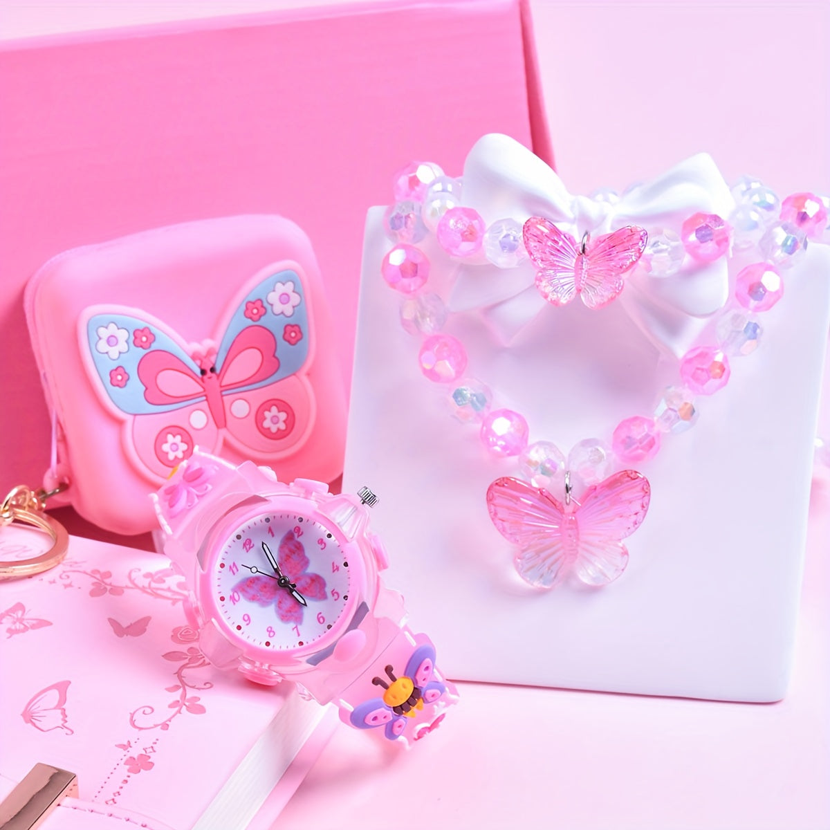 Girls' 3D Butterfly Strap Watch Set with Bracelet & Coin Purse