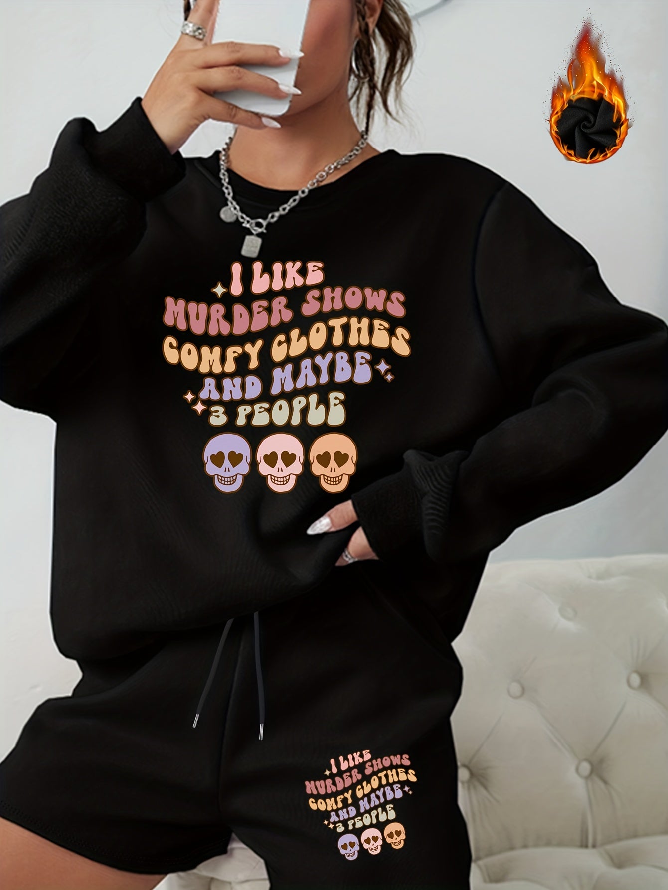  Women's Letter & Graphic Print 2pcs Set Sweatshirt & Shorts Outfit