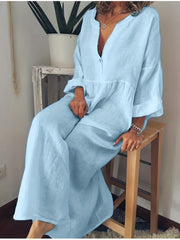  Solid Long Sleeve V Neck Maxi Dress