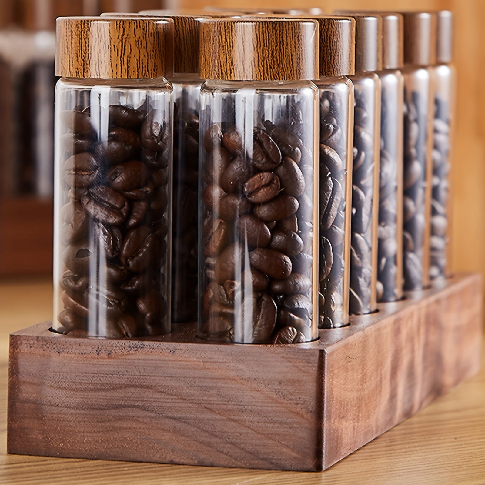 12pcs DIY Coffee Bean Storage Tubes Single Dose Wooden Cellar Display Stand