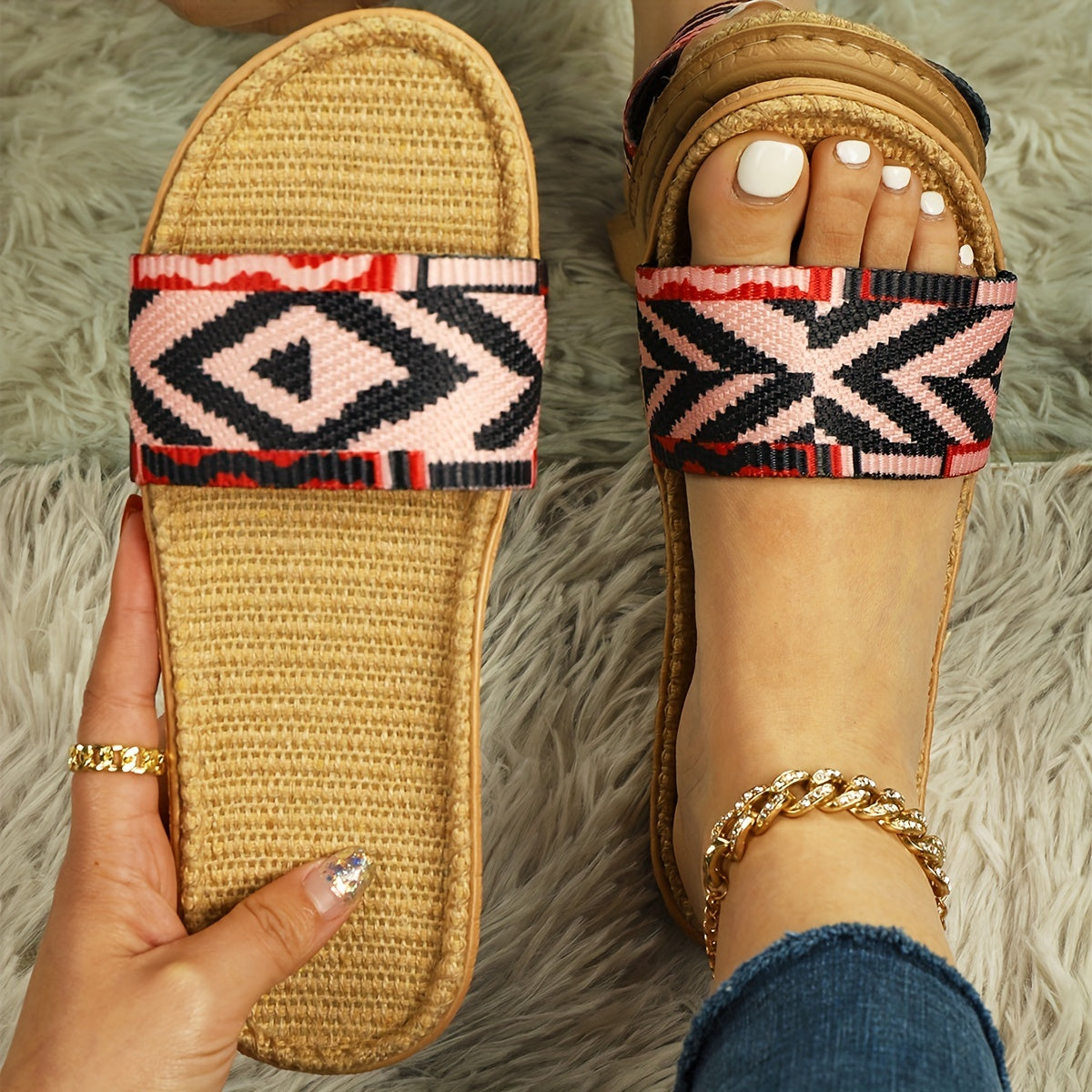 Colorful Geometric Pattern Sandals Slip On Open Toe Non-slip Slides Shoes