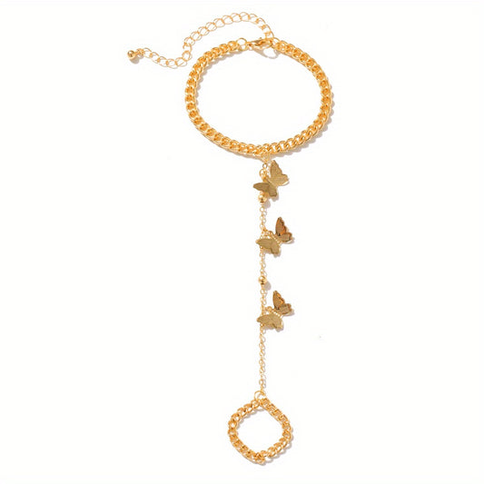 Vintage Butterfly Tassel Finger Ring Bracelet Hand Jewelry