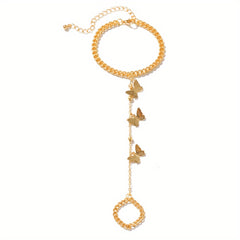 Vintage Butterfly Tassel Finger Ring Bracelet Hand Jewelry