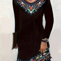  Border Floral Print Long Sleeve Round Neck Dress
