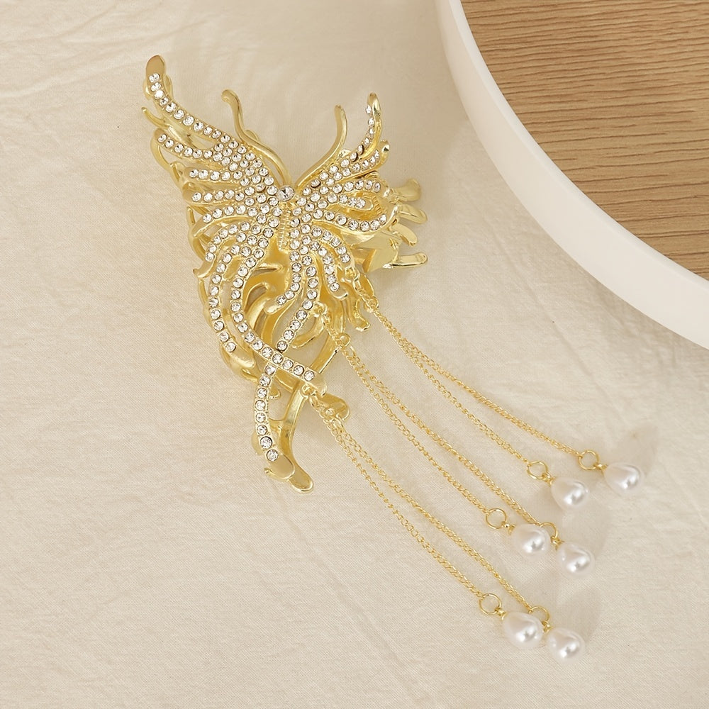 Medium Hair Claw Clip Rhinestone Faux Pearl Decor Barrette for Thin Thick Hair