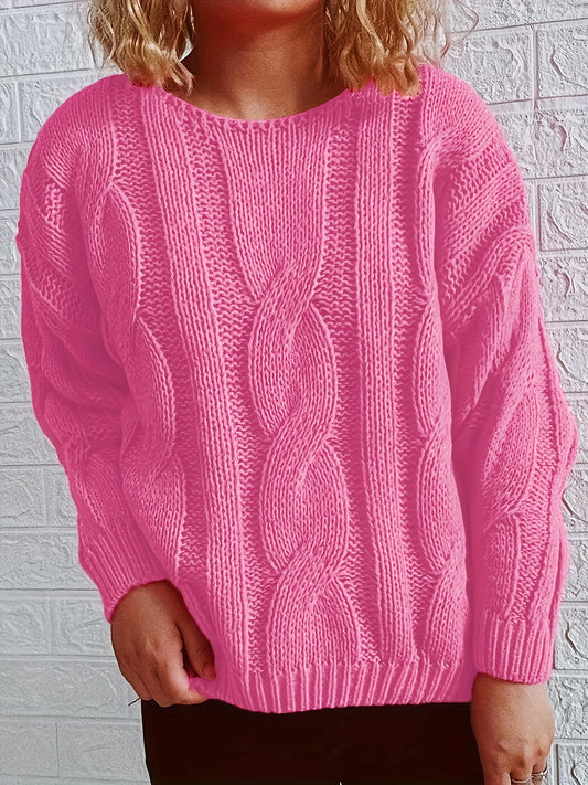  Casual Sweater Women's Plus Solid Cable Long Sleeve Round Neck Jumper