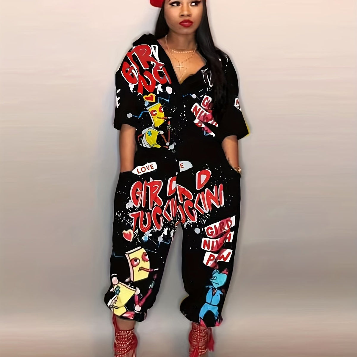  Graffiti Print Long Sleeve Button Jumpsuit
