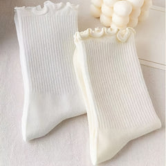 3 Pairs Frilled Mid Tube Socks Solid Color Breathable Sweat Absorbent Crew Socks