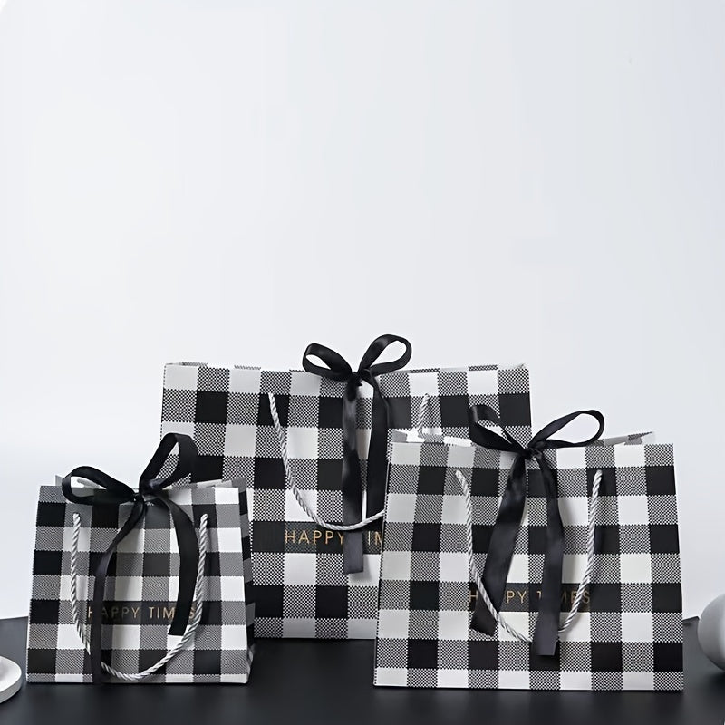 Party Birthday Gift Bag Plaid Pattern 3 Sizes With Ribbon Handbag