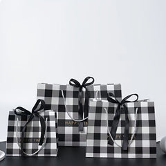 Party Birthday Gift Bag Plaid Pattern 3 Sizes With Ribbon Handbag