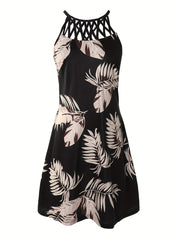 Leaves Print Sleeveless Backless Cut Out Dress Casual