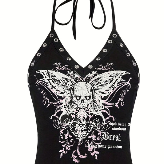 Skull Butterfly Halter Top Y2K V Neck Tie Back Summer Sleeveless