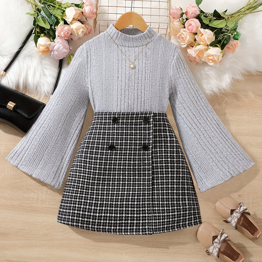 Girl's 2pcs Trumpet Sleeve Top & Houndstooth Skirt Set Casual Outfits