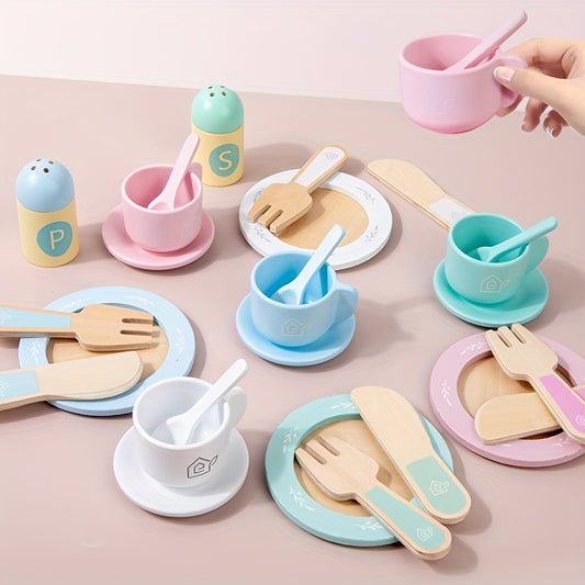 Wooden Play Kitchen Utensil Set Cups Dishes Knives Forks Spoons Educational Toy