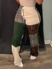  Retro Pants Women's Plus Patchwork Print Drawstring Elastic High Rise