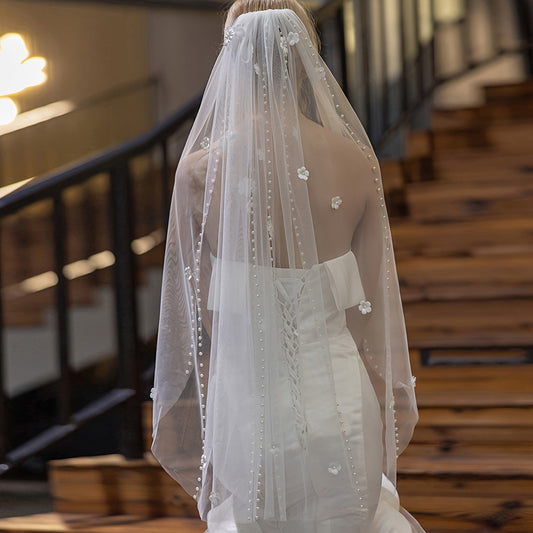 Royal Floral Bridal Veil with Pearl Detailing for Women