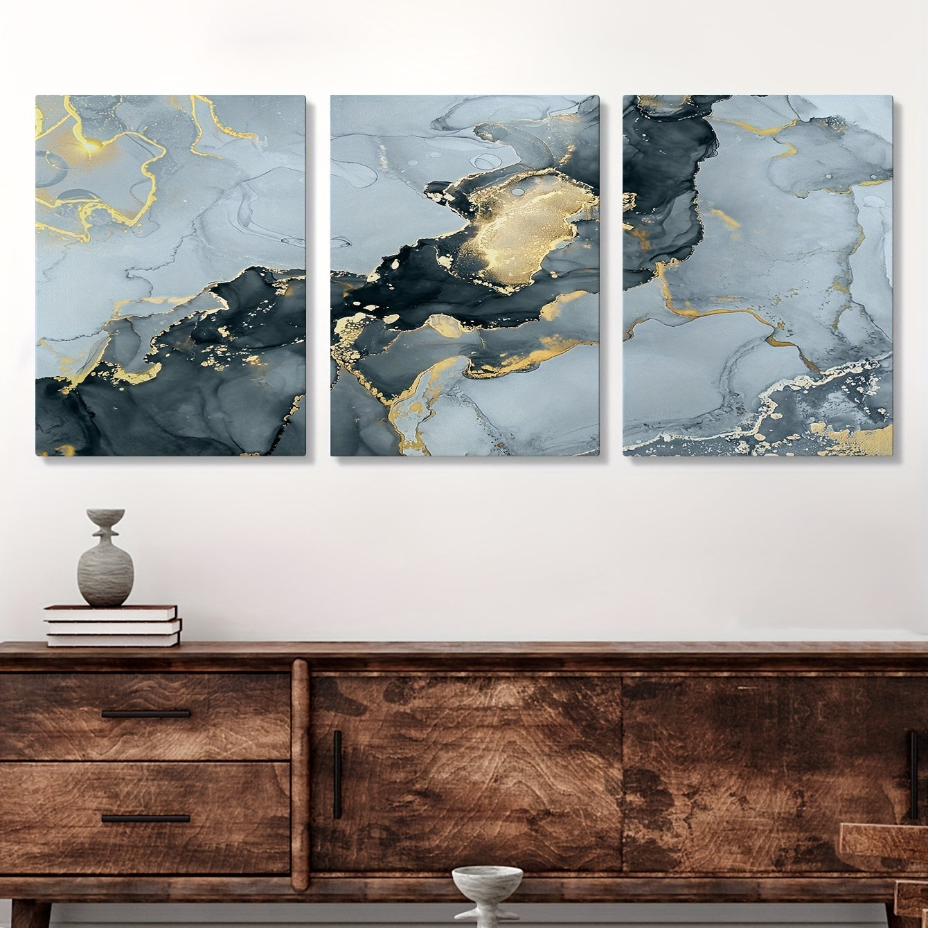 3pcs Framed Modern Ink Paintings with Marble Texture and Golden Accents