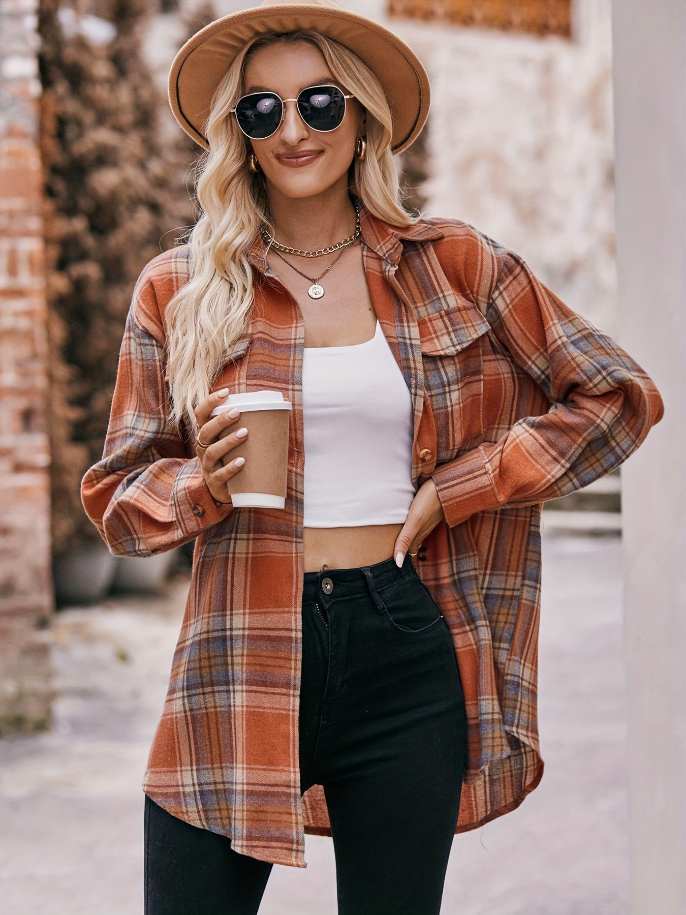  Plaid Print Long Sleeve Button Up Tunic Shirt