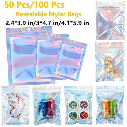 50/100pcs Holographic Storage Bags 2-4-3-9 in 3-4-7 in 4-1-5-9in