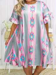 Women's Plus Geometric Print Ruffle Trim Short Sleeve Dress