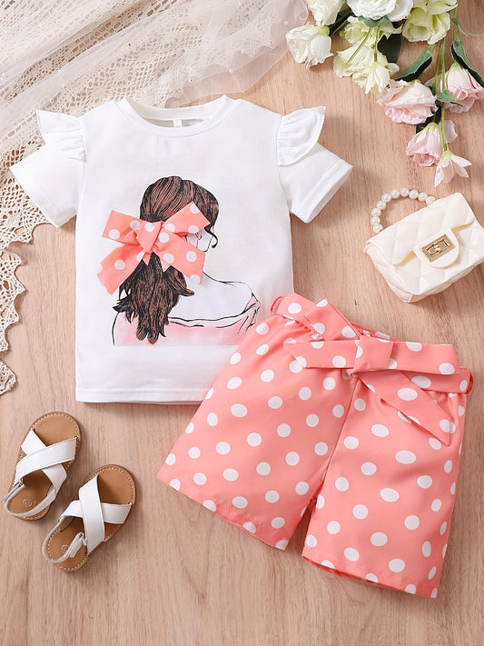 2pcs Toddler Girls Bow Figure Ruffle Trim T Shirt & Polka Dot Belted Shorts Set