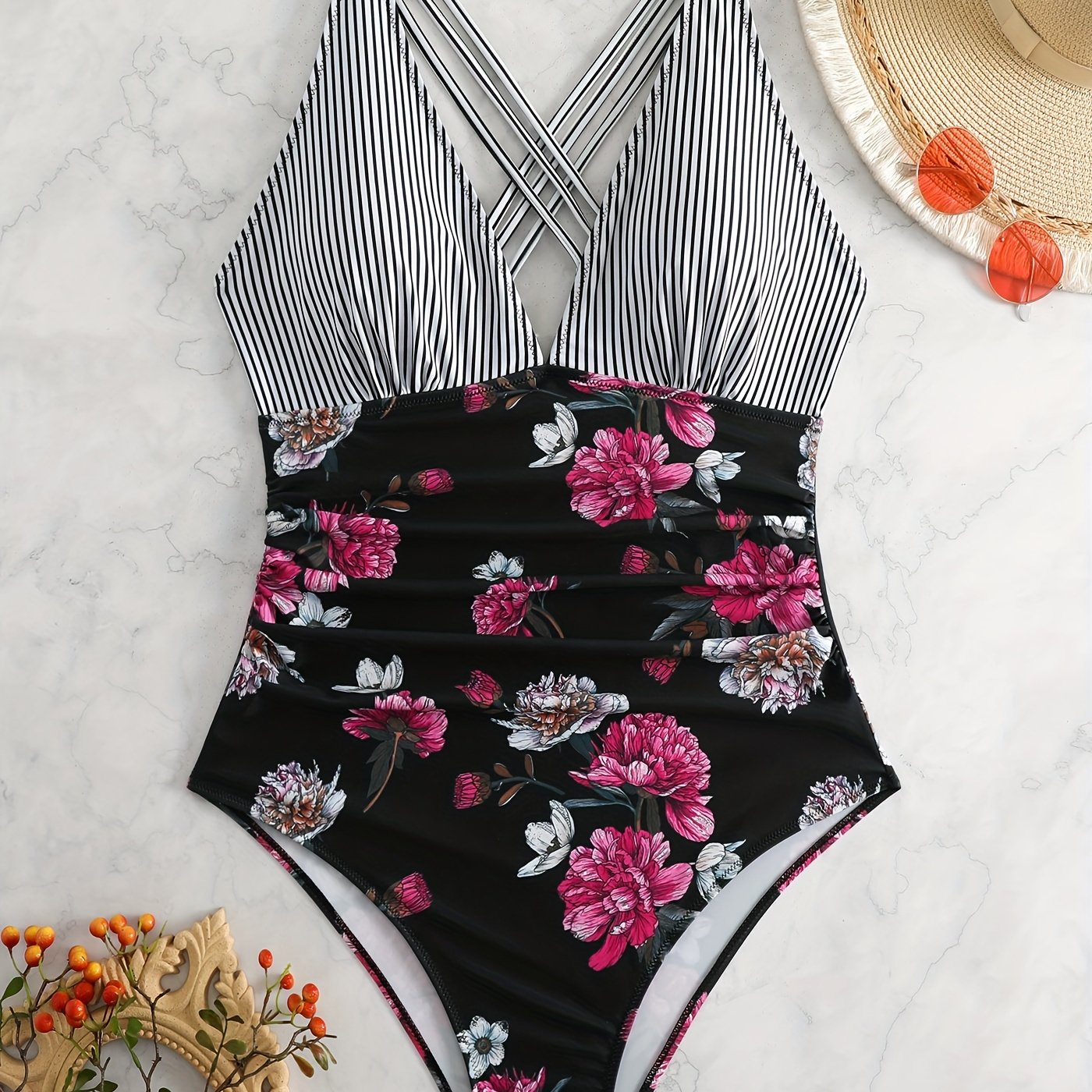  Striped & Floral Print V Neck One Piece Bathing Suit