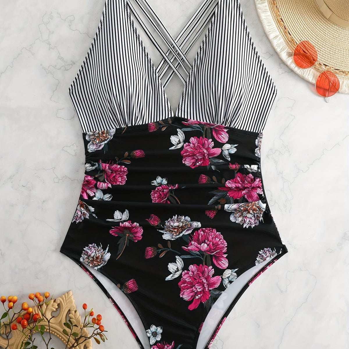  Striped & Floral Print V Neck One Piece Bathing Suit
