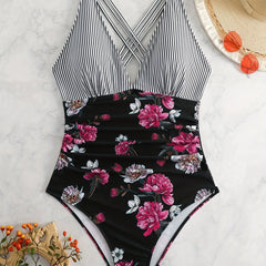  Striped & Floral Print V Neck One Piece Bathing Suit