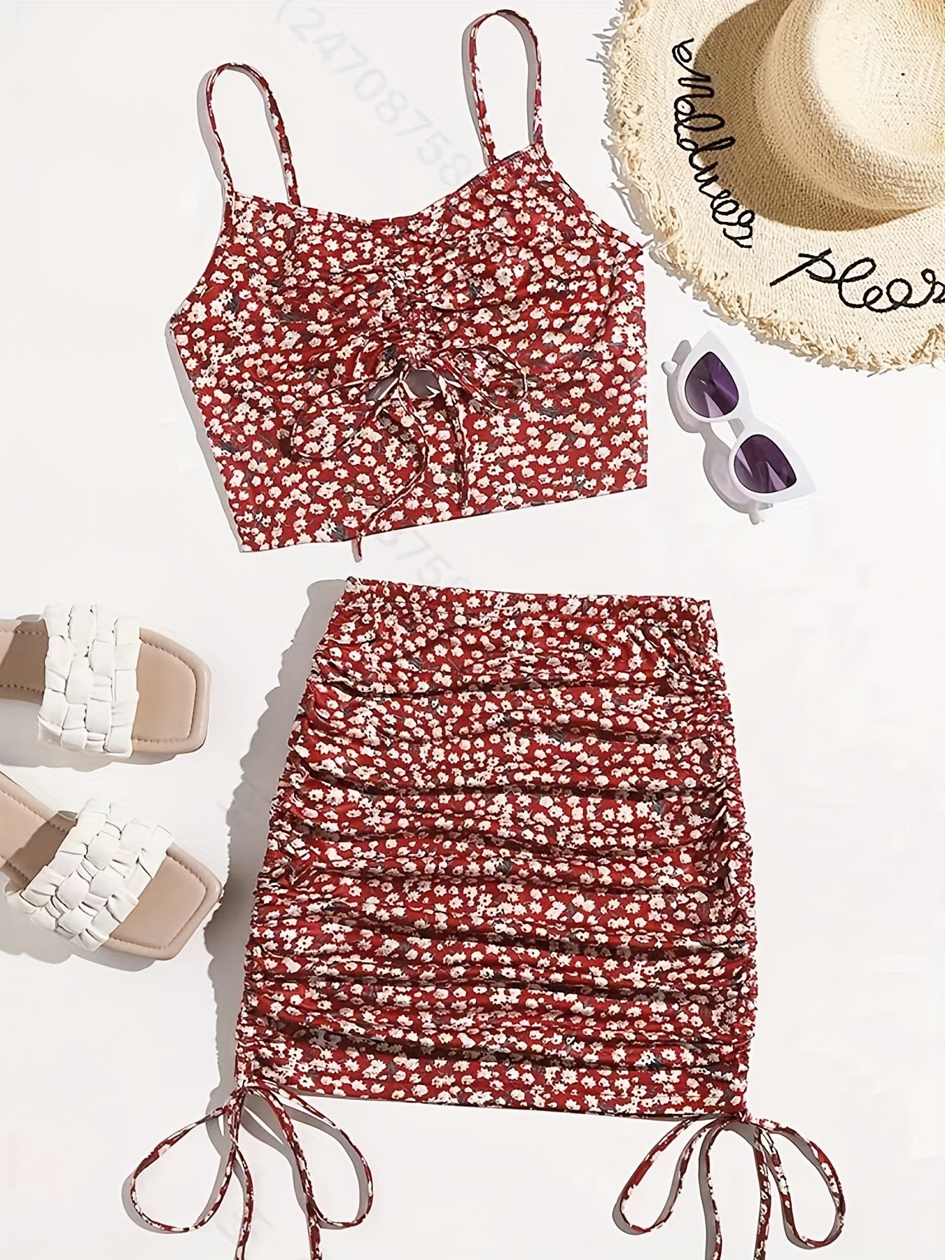 Floral Print Drawstring Two-piece Set - Crop Top & Bodycon Dress