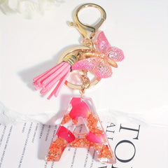 Resin Floral Letter Keychain with Tassel & Butterfly Pendant