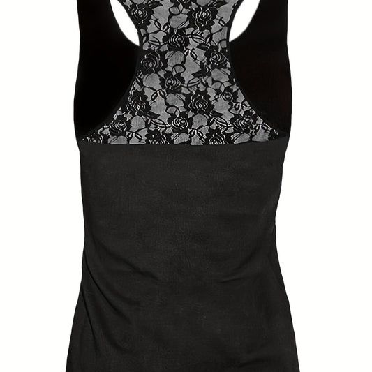 Lace Cross Print Tank Top Sleeveless Crew Neck Sexy Blouse
