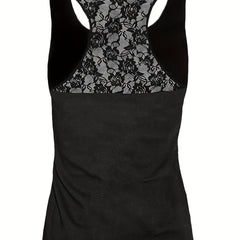 Lace Cross Print Tank Top Sleeveless Crew Neck Sexy Blouse