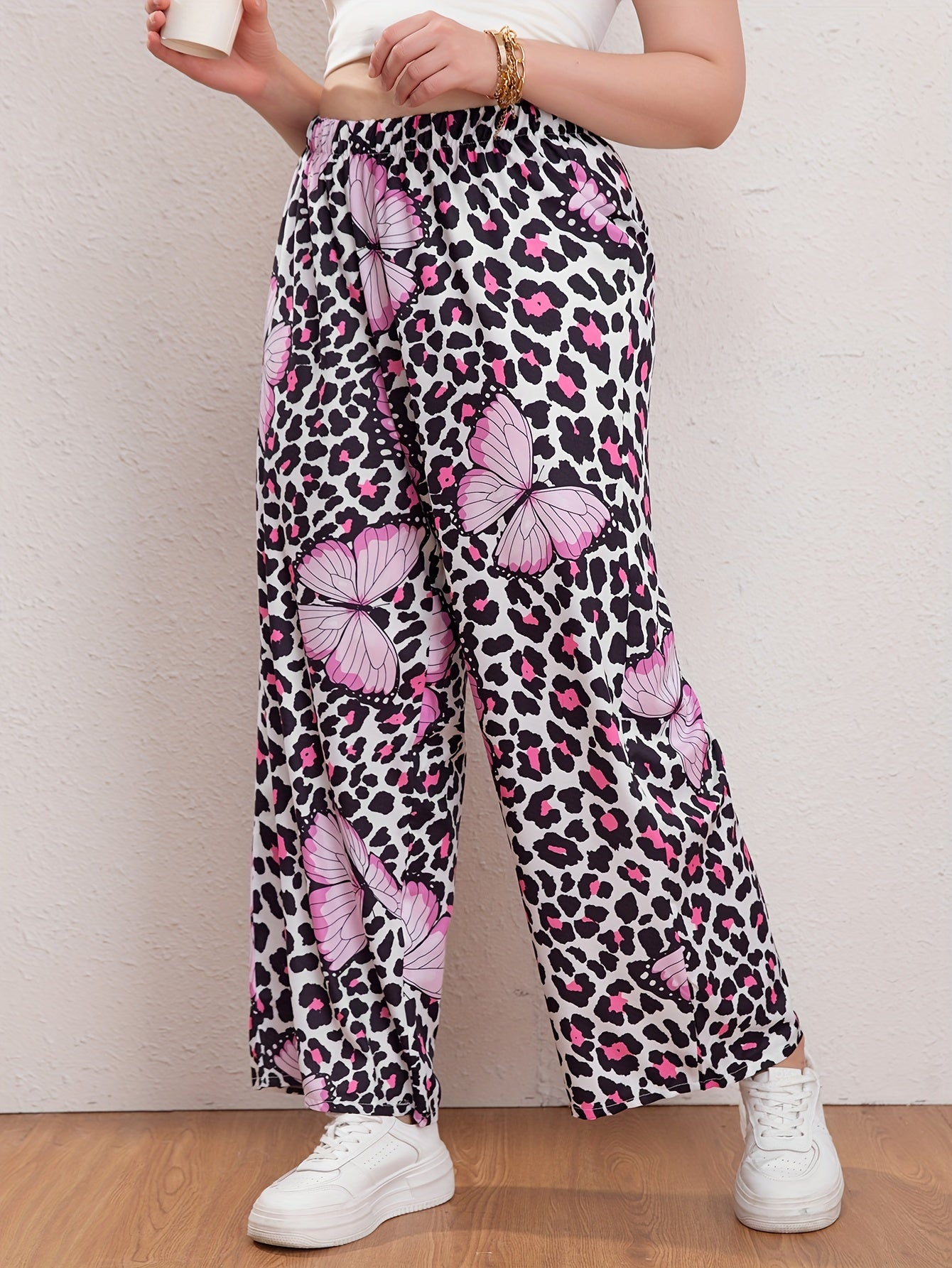  Leopard & Butterfly Print High Rise Wide Leg Trousers