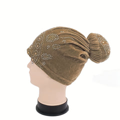 Pom Pom Rhinestone Turban Velvet Head Wrap Chemo Cap