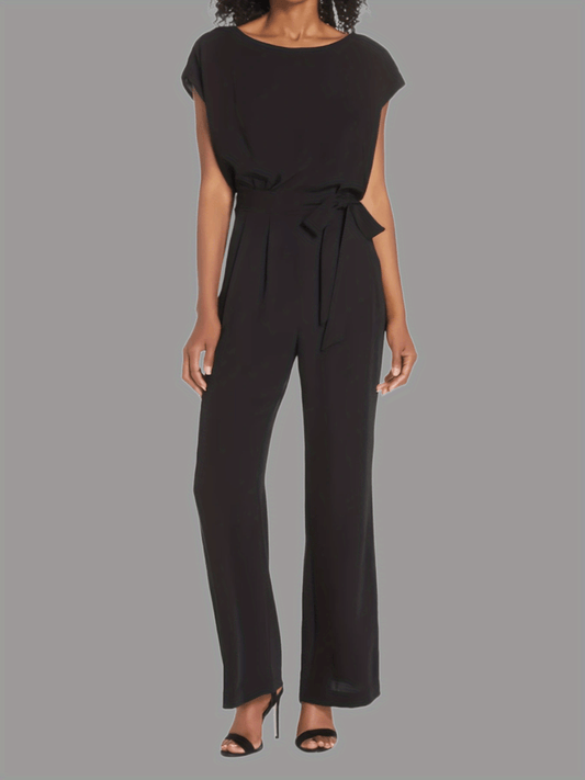 Solid Round Neck Short Sleeve Loose Jumpsuit Casual Long Length