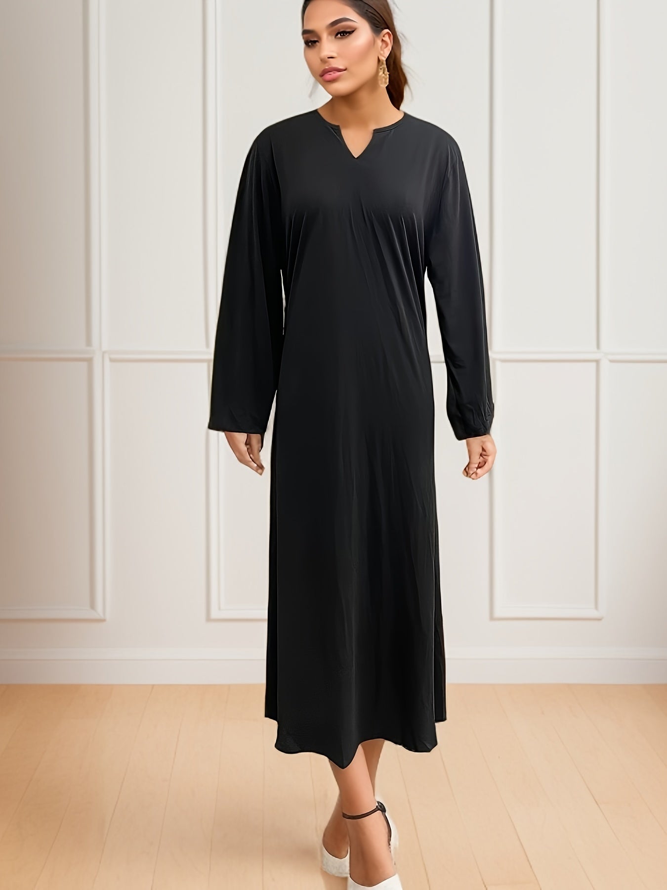  Solid Long Sleeve Notched Neck Dress