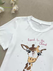 Giraffe Print Pajama Set Short Sleeve Crew Neck Top & Leopard Shorts & Pants